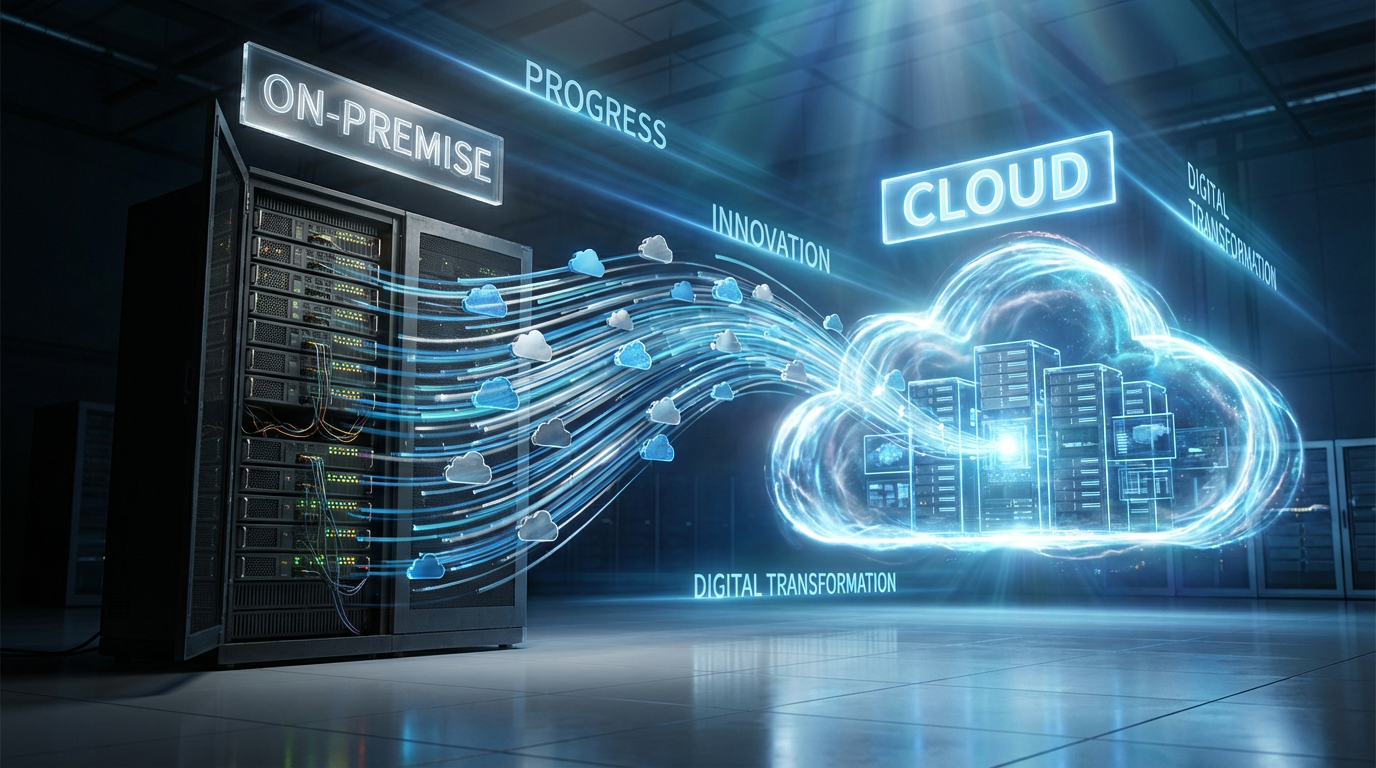 Cloud migration architecture showing on-premises to cloud transition with Azure, AWS, and GCP